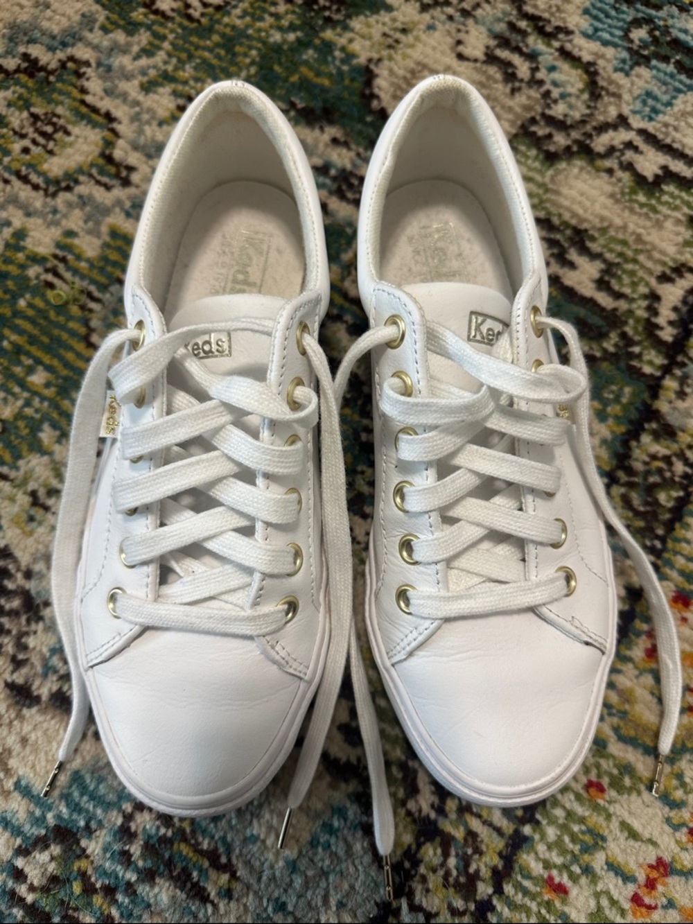 Keds White Leather Sneakers with Gold Eyelets